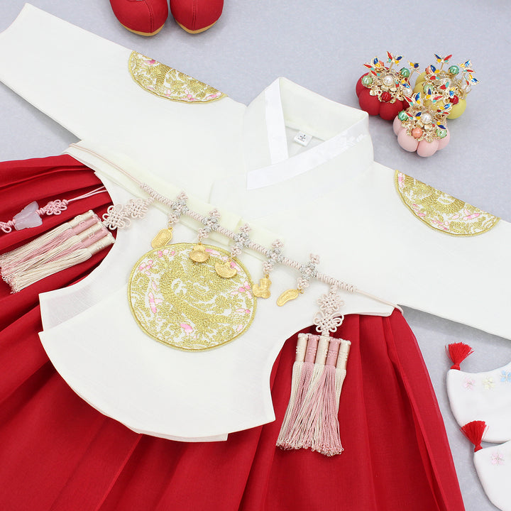 Hanbok Girl Baby Korea Traditional Clothing Set First Birthday Celebration Party 1–6 years 100th days Ivory Red Gold Patch DGH118