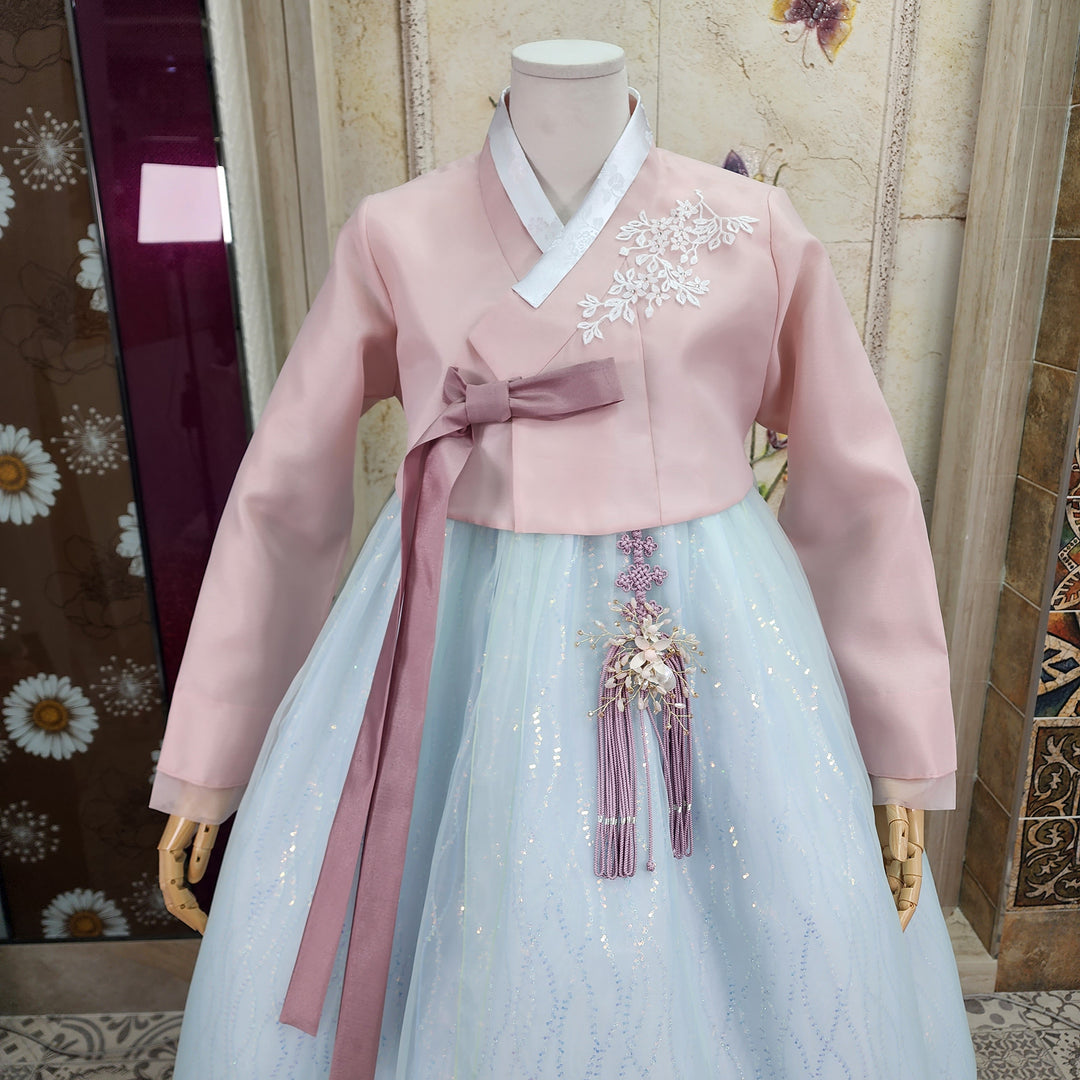 Korean Traditional Woman Personal Custom Hanbok Wedding Party Ceremony Pink Blue Beads Skirt Hanbok 142