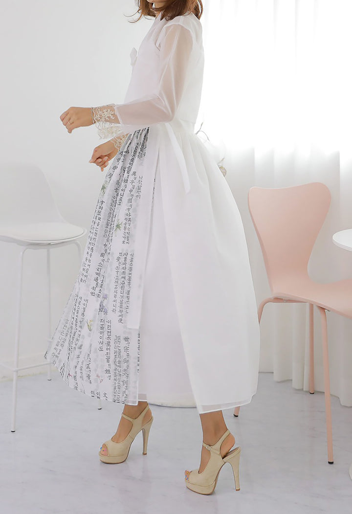 Korean Modern Daily Hanbok Casual Modernized Party Celebration Dress Top Jeogori Skirt White Korean Letter Design SSN001