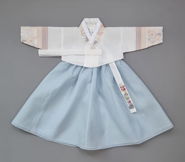 Hanbok Girl Baby Korea Traditional Clothing Set First Birthday Celebration Party 100th Birth Celebration 1 - 15 years White Embroidery Blue