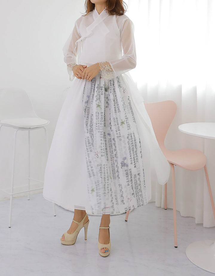 Korean Modern Daily Hanbok Casual Modernized Party Celebration Dress Top Jeogori Skirt White Korean Letter Design SSN001