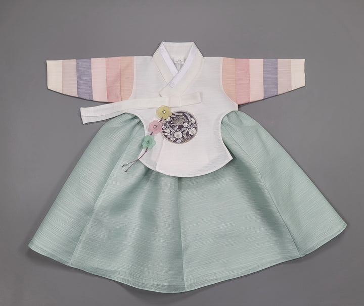 Hanbok Dress Girl Baby Korea Traditional Clothing Set First Birthday Celebration Party 100th Birth1–15 years Ivory 색동 Mint HG153