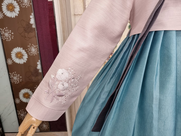 Korean Traditional Woman Personal Custom Hanbok Wedding Party Ceremony Lovely Pink Embroidery Blue Hanbok Skirt Mom Grandmom Hanbok OSW137