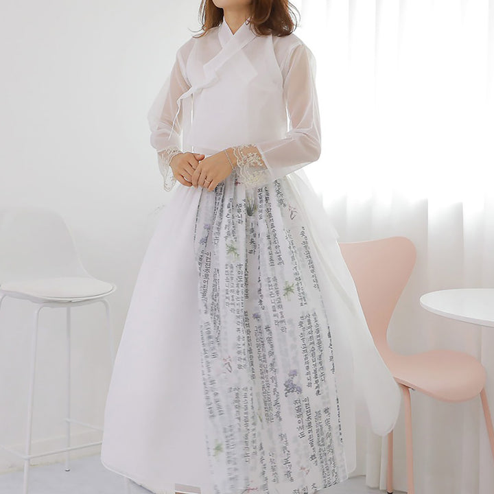 Korean Modern Daily Hanbok Casual Modernized Party Celebration Dress Top Jeogori Skirt White Korean Letter Design SSN001