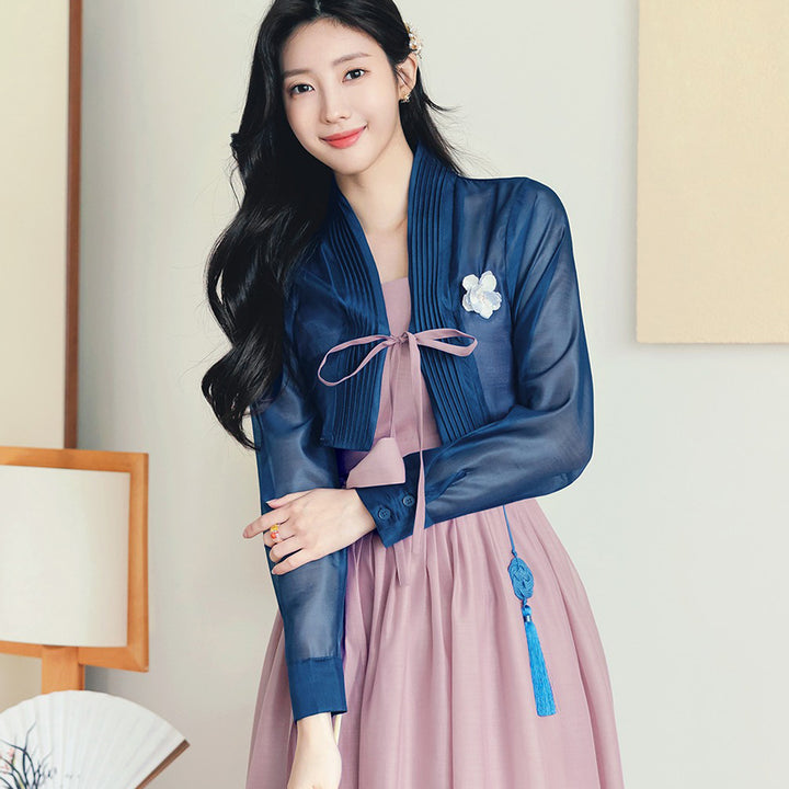 Korean Modern Hanbok Violet Dress Navy Jacket Fancy Casual Daily Clothing Fusion Hanbok Summer party CHD315