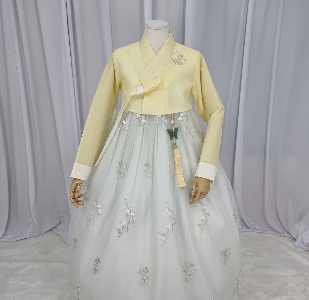 Woman Hanbok Dress Korea Traditional clothes Set Wedding Ceremony Birthday Custom-Made Yellow Beads OSW554