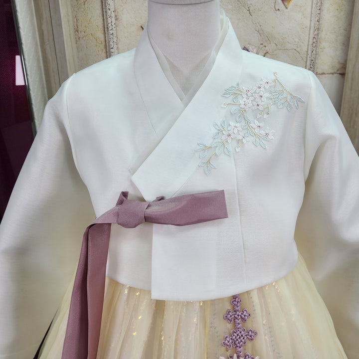 Korean Traditional Woman Personal Custom Hanbok Wedding Party Ceremony Ivory Yellow Beads Skirt Hanbok 317