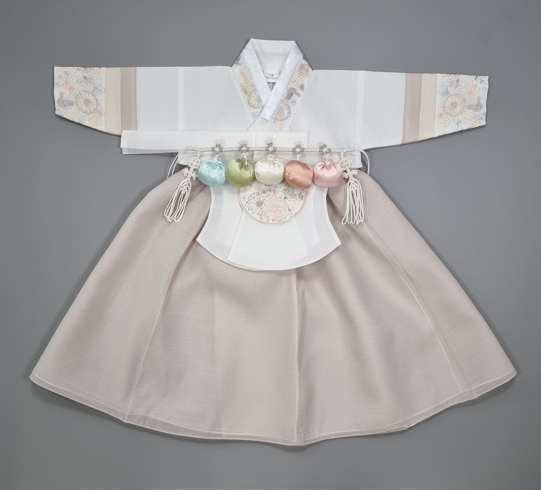 Hanbok Girl Baby Korea Traditional Clothing Set First Birthday Celebration Party 100th Birth Celebration 1 - 15 years White Embroidery Beige