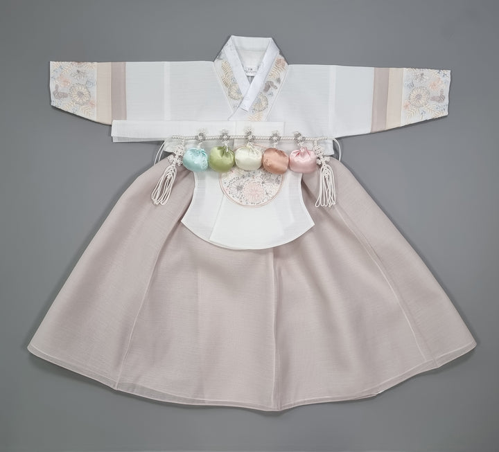 Hanbok Girl Baby Korea Traditional Clothing Set First Birthday Celebration Party 100th Birth Celebration 1 - 15 years White Embroidery Beige