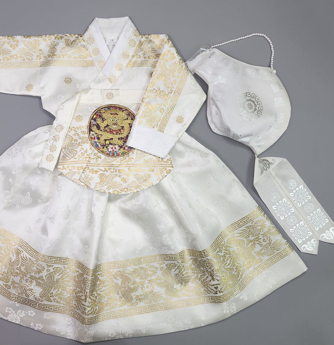 Hanbok Girl Baby Korea Traditional Clothing Set First Birthday Celebration Party Celebration 1–10 Years White Skirt Gold Print HG136