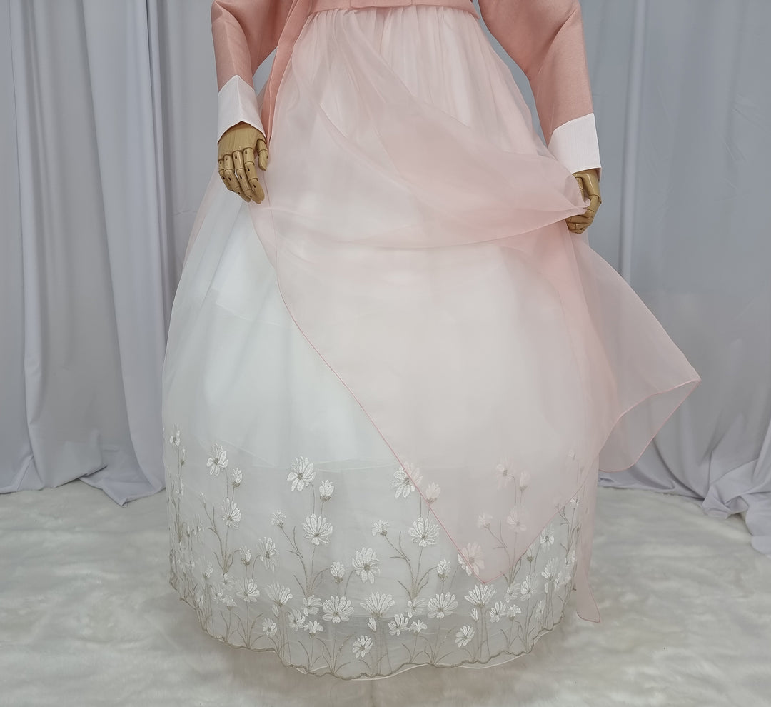 Woman Hanbok Dress Korea Traditional clothes Set Wedding Ceremony Birthday Custom-Made Peach Flower Lace OSW555