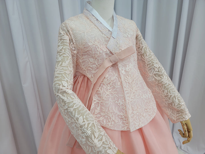 Korean Traditional Fancy Woman Personal Custom Hanbok Wedding Party Ceremony Mom Daughter Couple Look Pink Peach Lace Hanbok OSF136