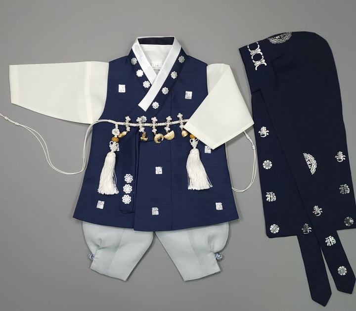 Korean Traditional Boy Baby Hanbok Dol Baikil Party Celebration 100th-15 Ages Navy Silver Print JYB104