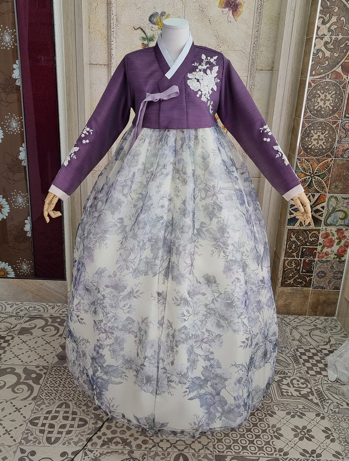 Korean Traditional Woman Personal Custom Hanbok Wedding Party Ceremony Purple Flower Print Hanbok Skirt Mom Grandmom Hanbok OSW140