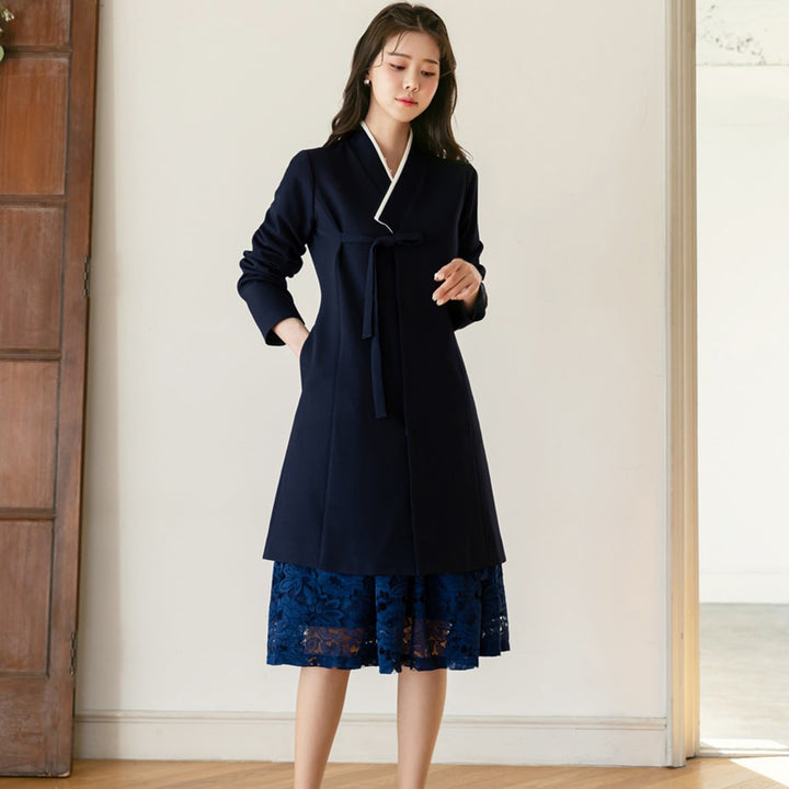 Korean Modern Hanbok Dark Navy Coat Jacket Fancy Casual Daily Clothing Fusion Hanbok Party CHD321