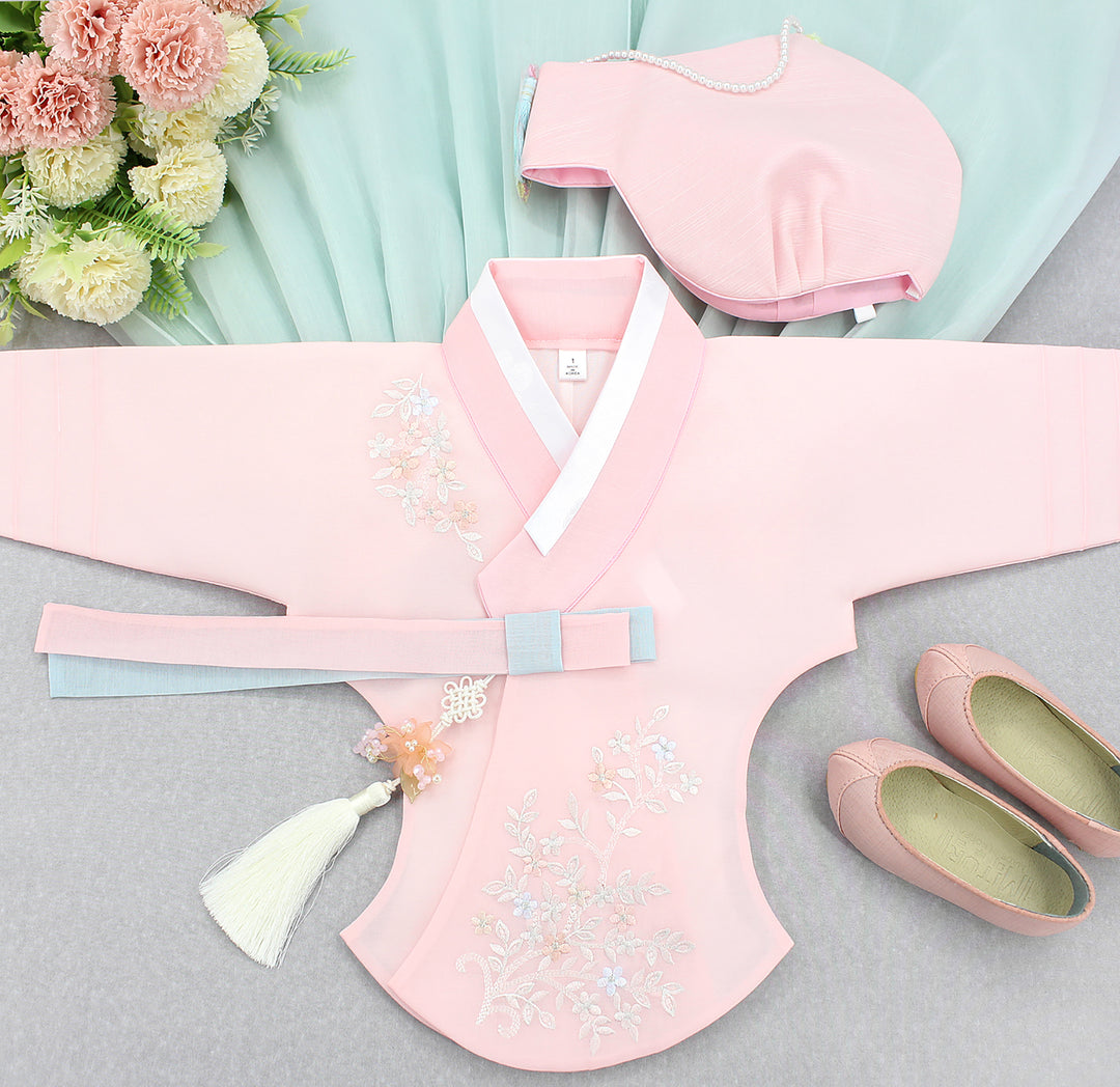 Hanbok Girl Baby Korea Traditional Clothing Set First Birthday Celebration Party Celebration 1–8 years Pink Mint Embroidery DGH107