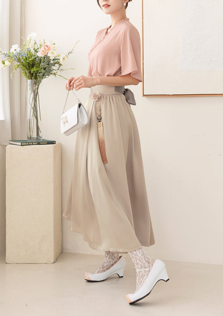 Korean Modern Hanbok Pink Blouse Top Jeogori Beige Skirt Fancy Casual Daily Clothing Fusion Hanbok CHD311