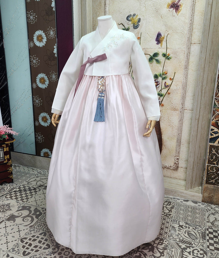 Korean Traditional Woman Personal Custom Hanbok Wedding Party Ceremony Ivory Embroidery Light Pink Skirt Mom Grandmom Hanbok 148