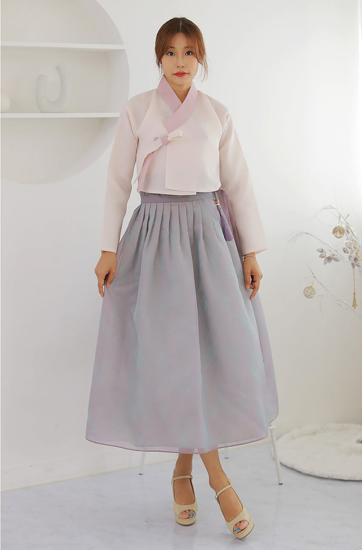 Korean Modern Daily Hanbok Casual Modernized Party Celebration Dress Top Jeogori Skirt Pink Light Gray SSN003