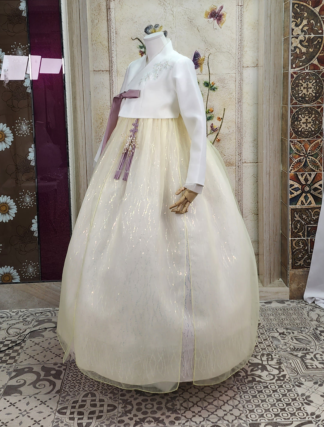 Korean Traditional Woman Personal Custom Hanbok Wedding Party Ceremony Ivory Yellow Beads Skirt Hanbok 317