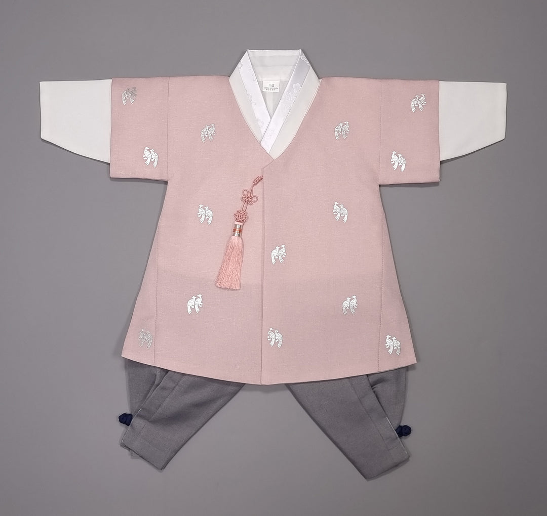 Korean Traditional Boy Baby Hanbok Dol Baikil Party Celebration 100th-10 Ages Pink Bird Silver Print HGB114