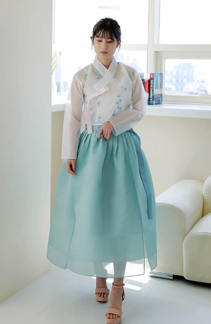 Korean Modern Daily Hanbok Casual Modernized Party Celebration Dress Top Jeogori Skirt White Emerald SSN009