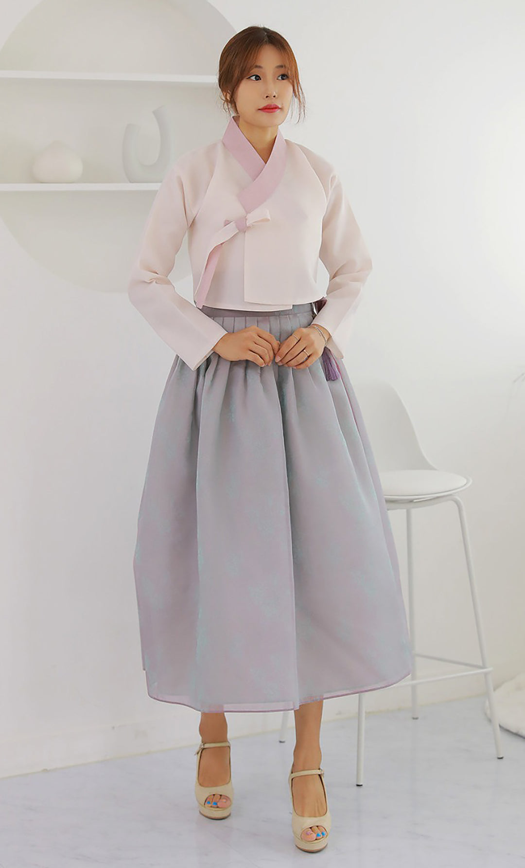 Korean Modern Daily Hanbok Casual Modernized Party Celebration Dress Top Jeogori Skirt Pink Light Gray SSN003