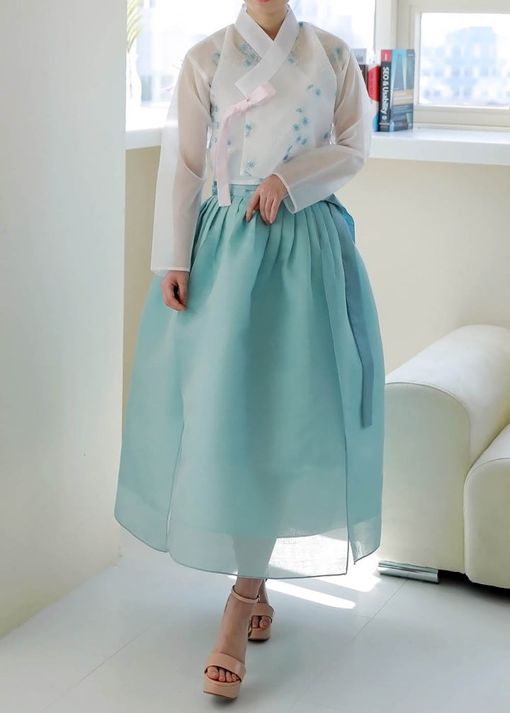 Korean Modern Daily Hanbok Casual Modernized Party Celebration Dress Top Jeogori Skirt White Emerald SSN009