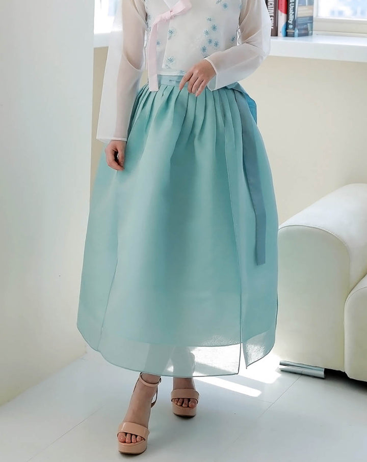 Korean Modern Daily Hanbok Casual Modernized Party Celebration Dress Top Jeogori Skirt White Emerald SSN009