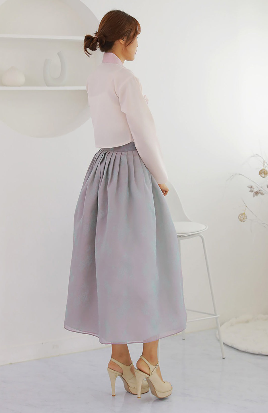 Korean Modern Daily Hanbok Casual Modernized Party Celebration Dress Top Jeogori Skirt Pink Light Gray SSN003