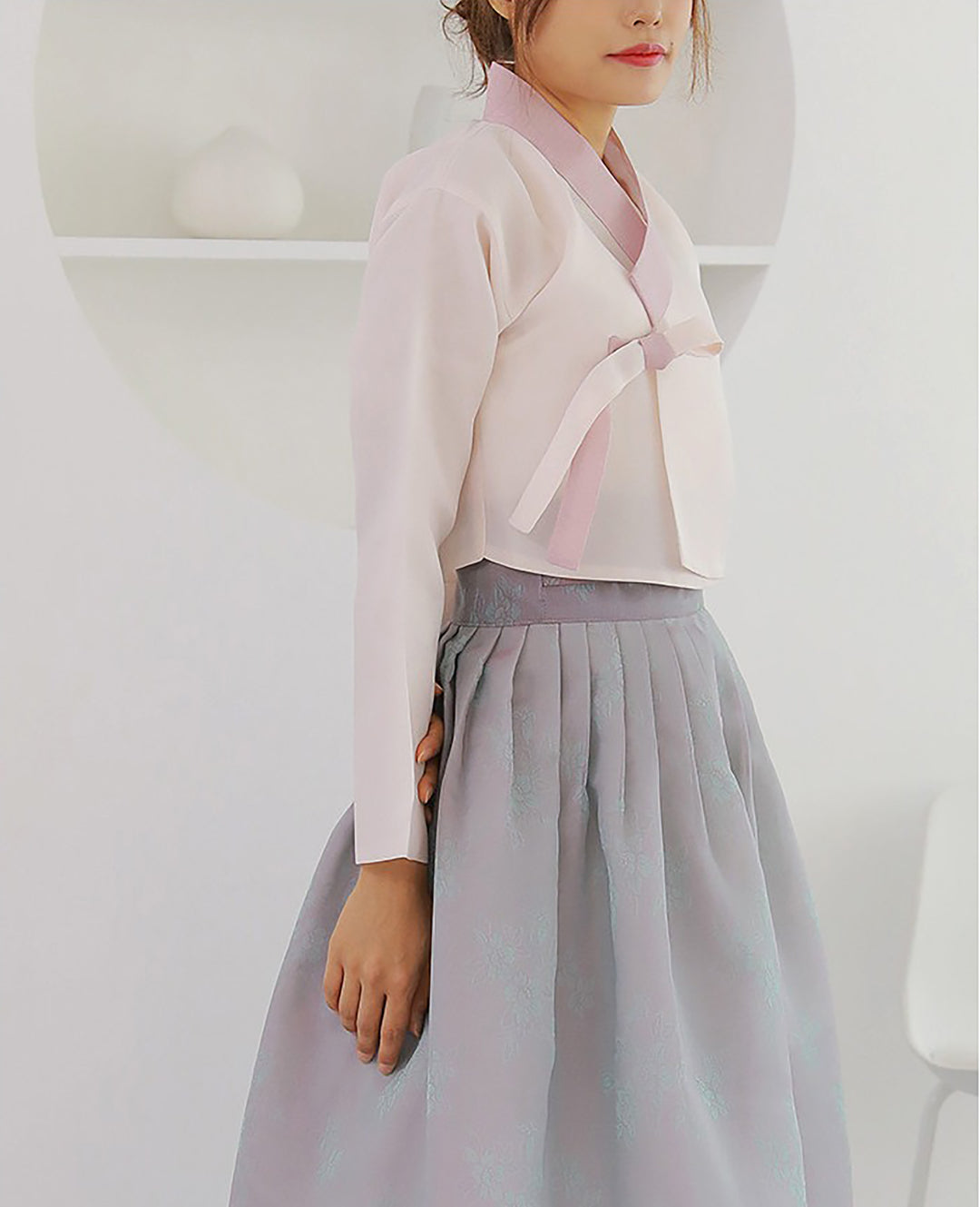 Korean Modern Daily Hanbok Casual Modernized Party Celebration Dress Top Jeogori Skirt Pink Light Gray SSN003