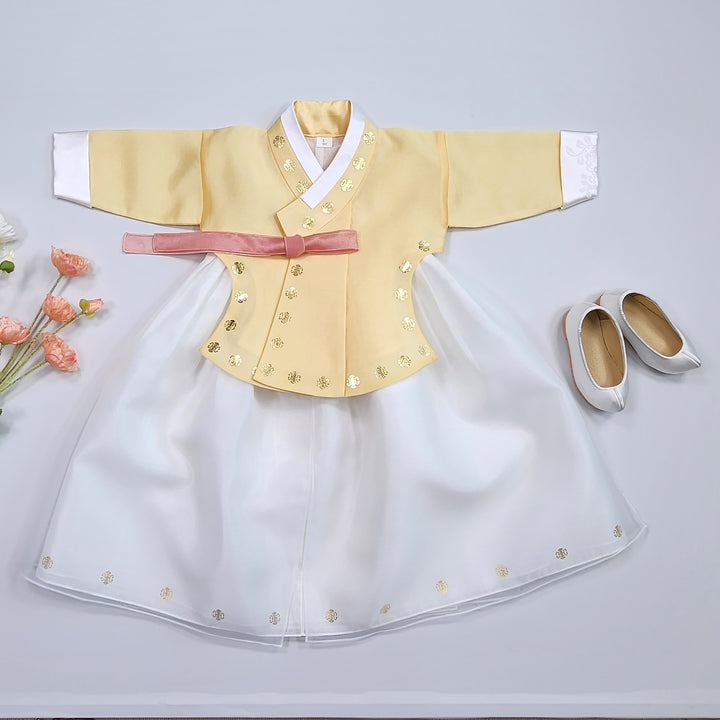 Korea Traditional Hanbok Girl Baby Yellow Gold Print Baikil 1–10 Years 1st Birthday Party GOG205