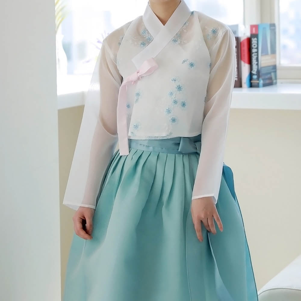 Korean Modern Daily Hanbok Casual Modernized Party Celebration Dress Top Jeogori Skirt White Emerald SSN009