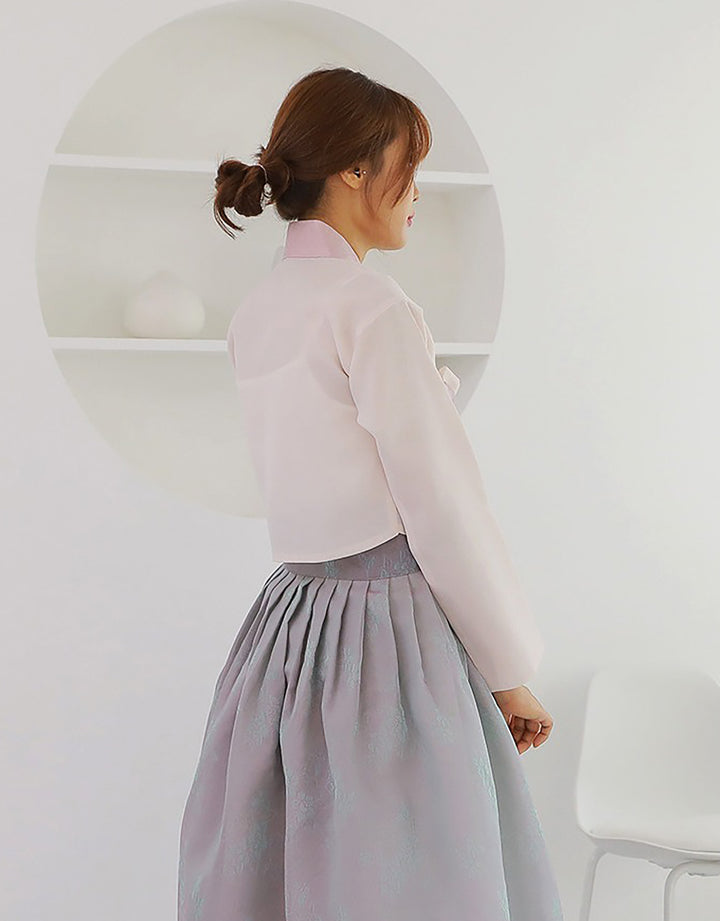 Korean Modern Daily Hanbok Casual Modernized Party Celebration Dress Top Jeogori Skirt Pink Light Gray SSN003