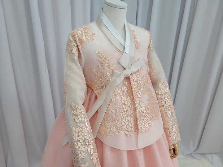 Korean Traditional Fancy Woman Personal Custom Hanbok Wedding Party Ceremony Mom Daughter Couple Look Pink Peach Lace Hanbok OSF138