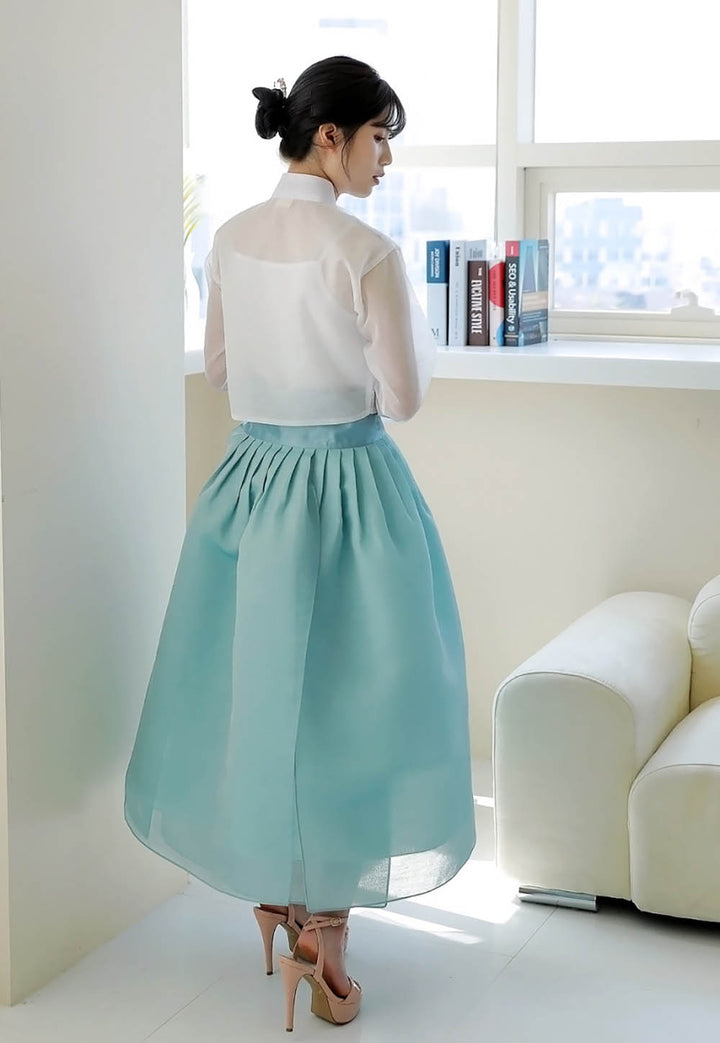 Korean Modern Daily Hanbok Casual Modernized Party Celebration Dress Top Jeogori Skirt White Emerald SSN009