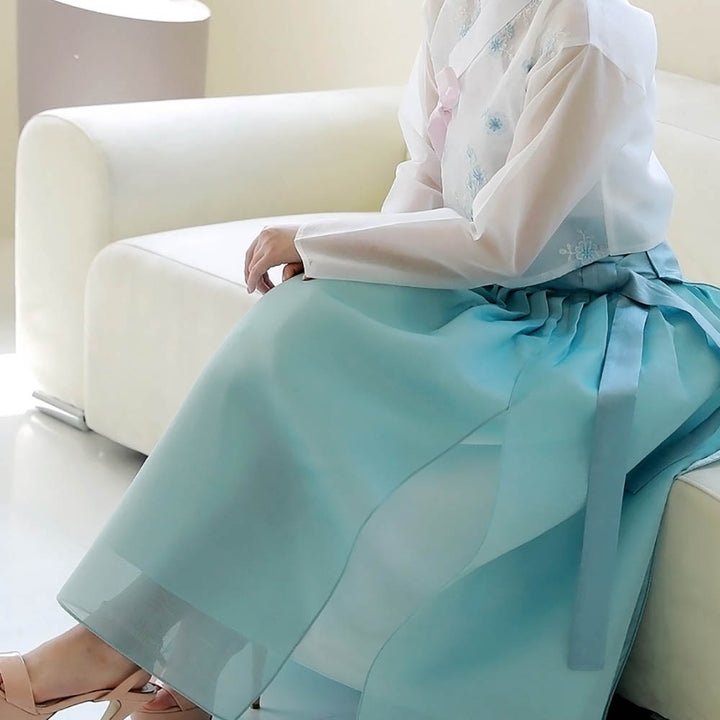 Korean Modern Daily Hanbok Casual Modernized Party Celebration Dress Top Jeogori Skirt White Emerald SSN009