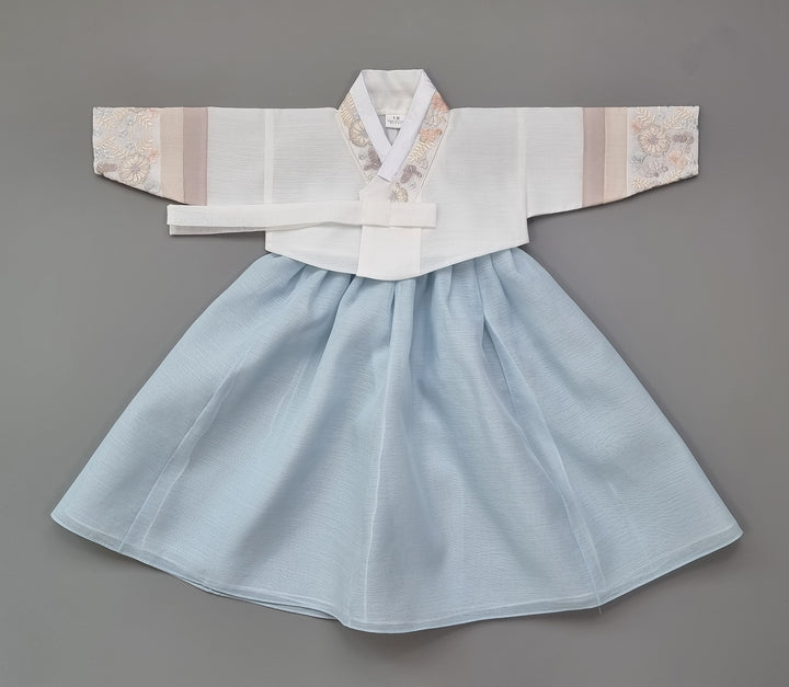 Hanbok Girl Baby Korea Traditional Clothing Set First Birthday Celebration Party 100th Birth Celebration 1 - 15 years White Embroidery Blue