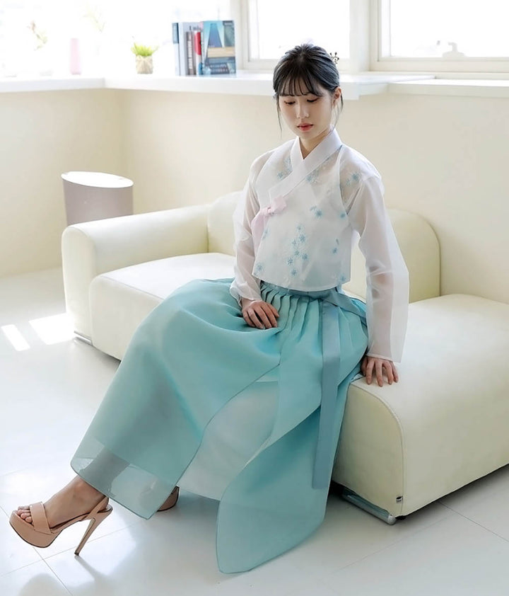 Korean Modern Daily Hanbok Casual Modernized Party Celebration Dress Top Jeogori Skirt White Emerald SSN009