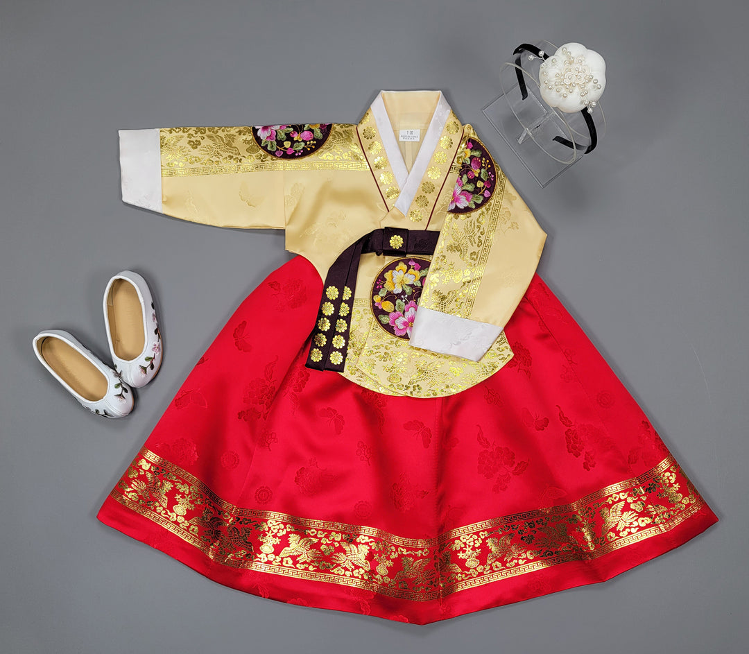 Hanbok Dress Girl Baby Korea Traditional Clothing Set First Birthday Celebration Party 100th Birth1–15 years Gold Print HG149