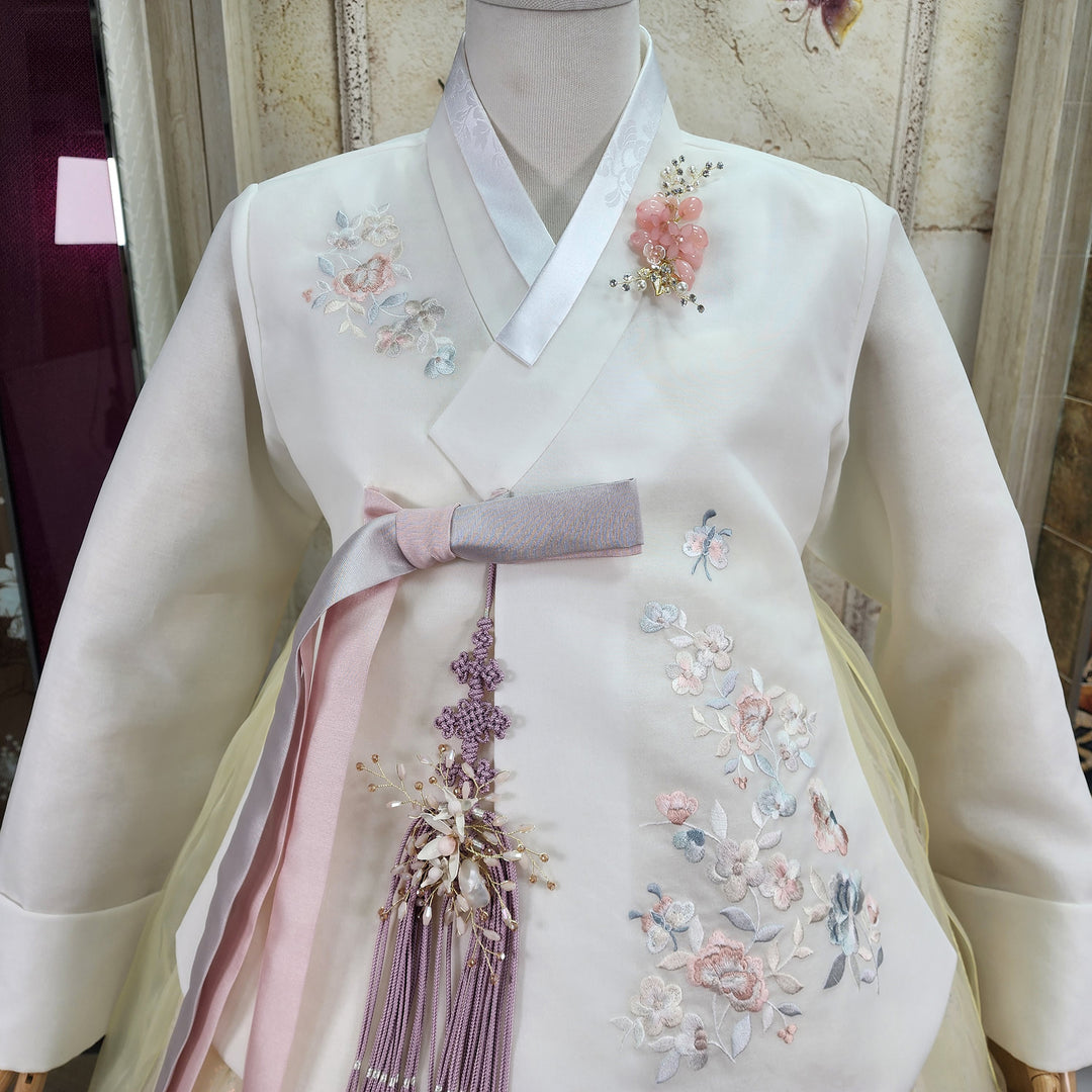 Korean Traditional Woman Personal Custom Hanbok Wedding Party Ceremony Ivory Embroidery Beads Skirt Hanbok 318