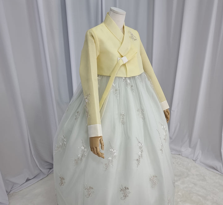 Woman Hanbok Dress Korea Traditional clothes Set Wedding Ceremony Birthday Custom-Made Yellow Beads OSW554