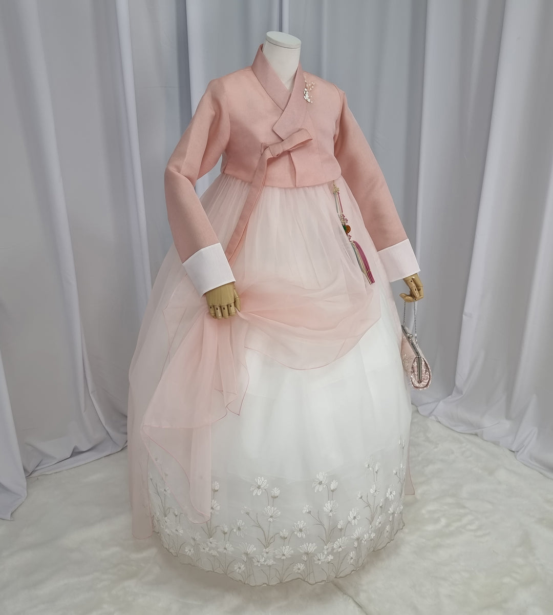 Woman Hanbok Dress Korea Traditional clothes Set Wedding Ceremony Birthday Custom-Made Peach Flower Lace OSW555