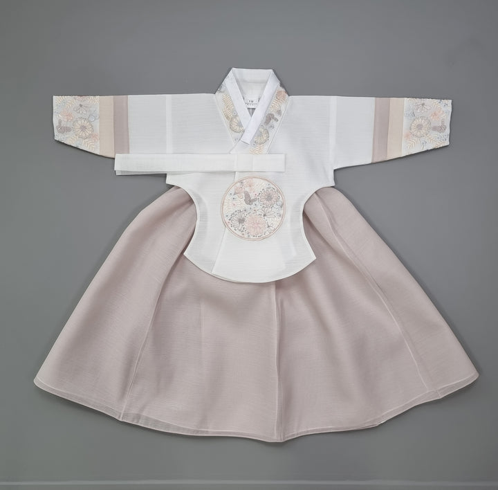 Hanbok Girl Baby Korea Traditional Clothing Set First Birthday Celebration Party 100th Birth Celebration 1 - 15 years White Embroidery Beige