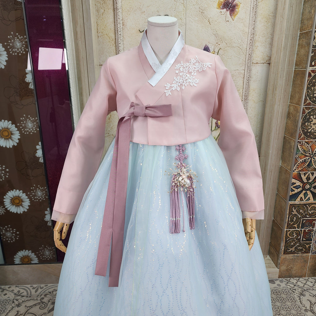 Korean Traditional Woman Personal Custom Hanbok Wedding Party Ceremony Pink Blue Beads Skirt Hanbok 142