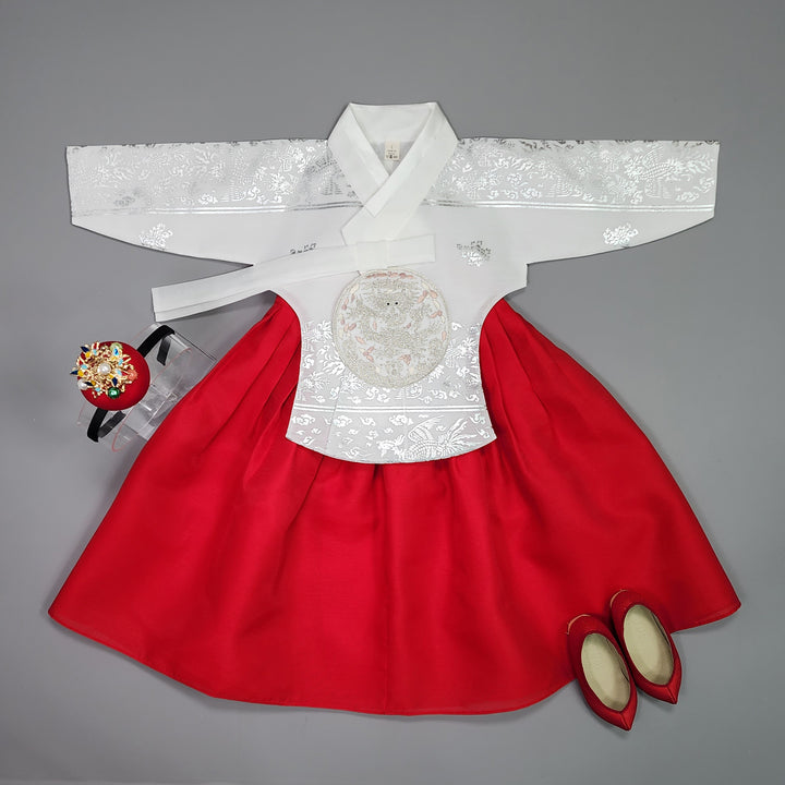 Hanbok Girl Baby Korea Traditional Clothing Set First Birthday Celebration Party Celebration 1–15 years Vivid Red Silver Print OSG326