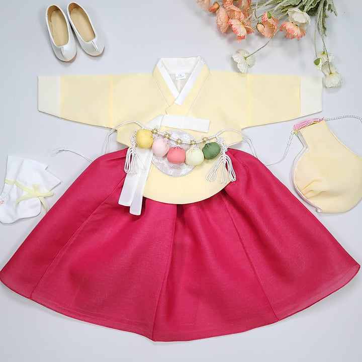 Hanbok Girl Baby Korea Traditional Clothing Set First Birthday Celebration Party 100th Birth Celebration 1–15 years Yellow HG358