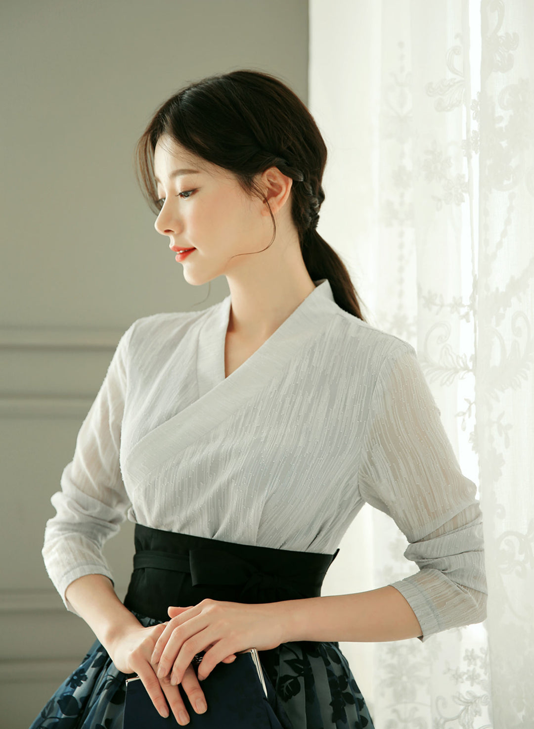 Korean Modern Hanbok Gray Dress Skirt Fancy Casual Daily Clothing Wrapped Design Fusion Hanbok CHD104