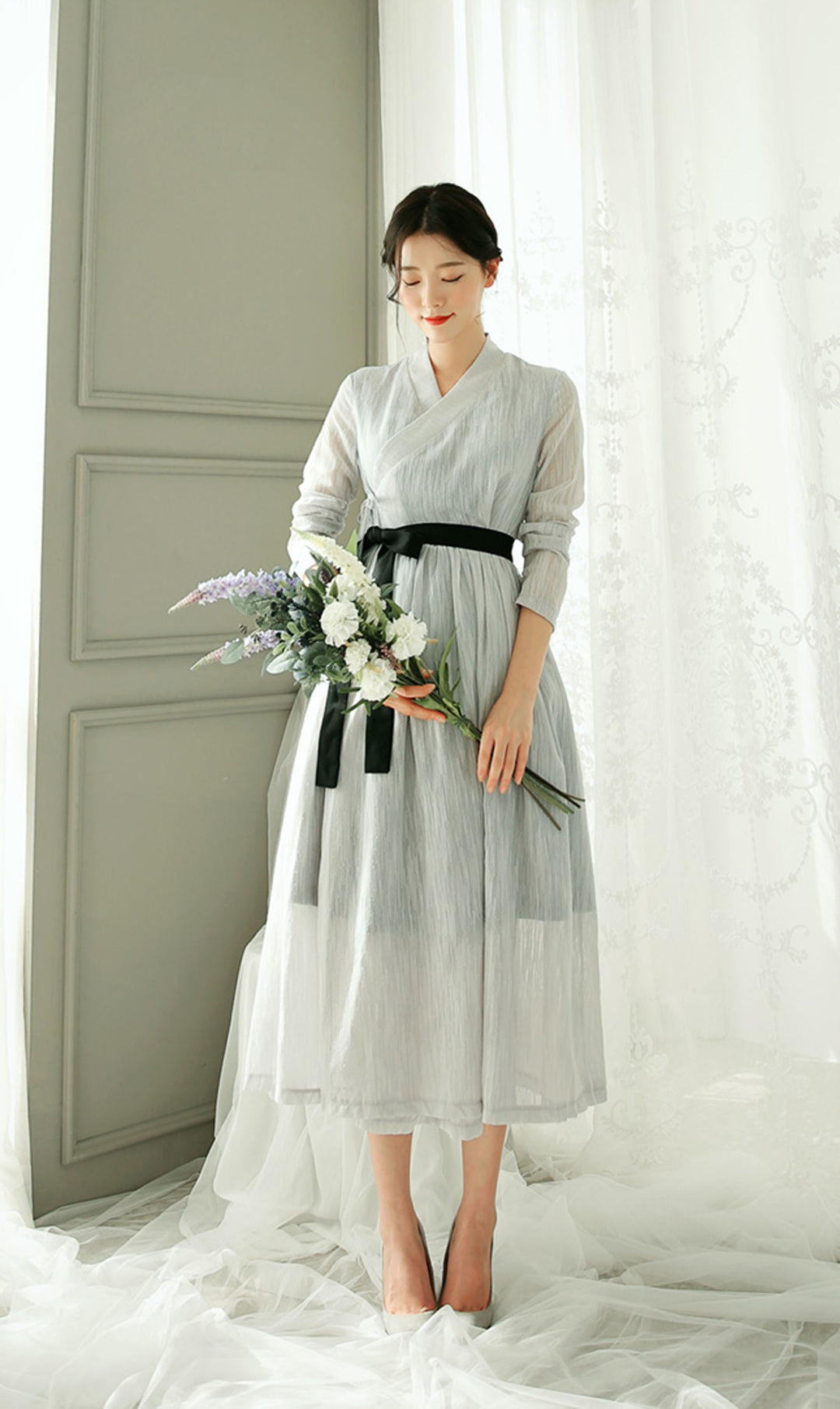 Korean Modern Hanbok Gray Dress Skirt Fancy Casual Daily Clothing Wrapped Design Fusion Hanbok CHD104