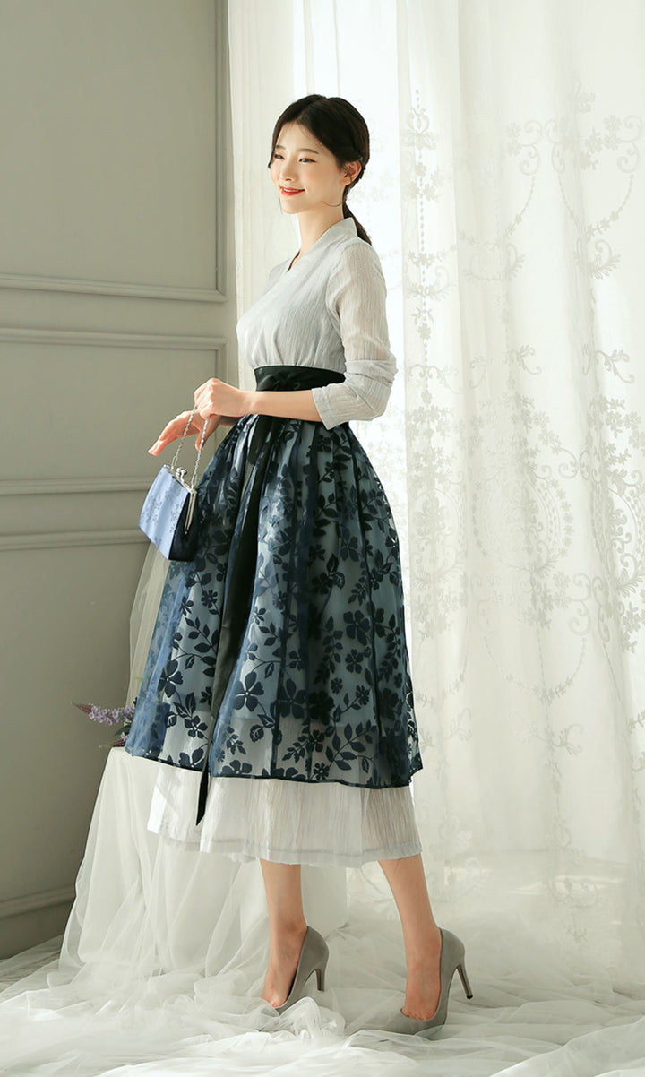 Korean Modern Hanbok Gray Dress Skirt Fancy Casual Daily Clothing Wrapped Design Fusion Hanbok CHD104